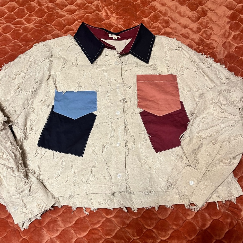 Pol Cream Patchwork Distressed Jean Jacket With B… - image 4